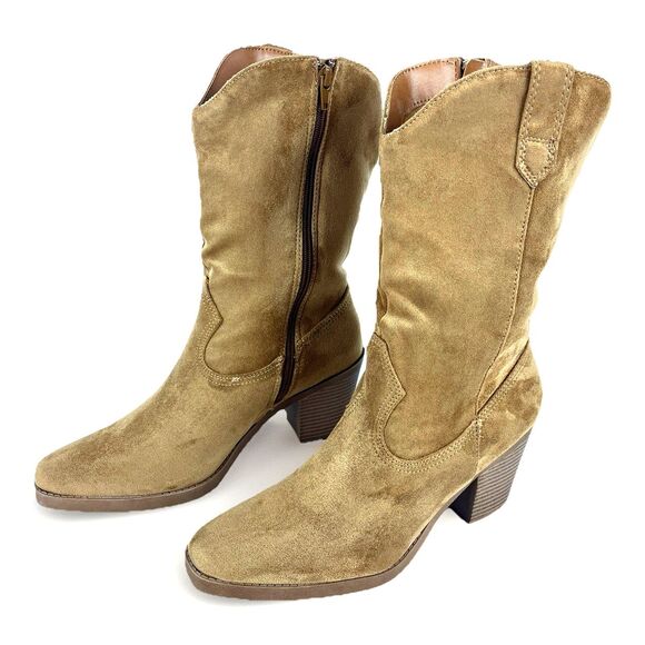 POP Natural Faux Suede Cowgirl Boots Womens SZ 10 Side Zip Chunky Heel Boho Chic - Picture 5 of 13